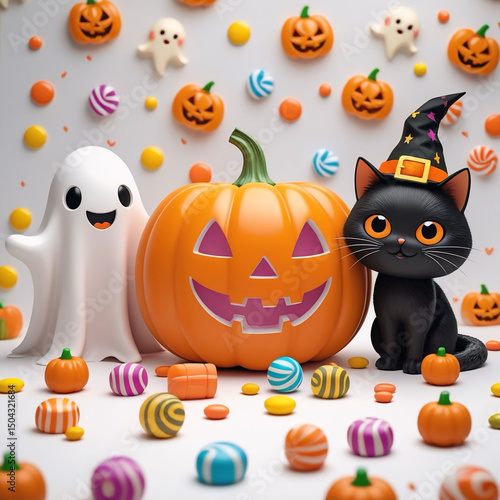 Cute Halloween Black Cat and Ghost with Pumpkin and Colorful Candy