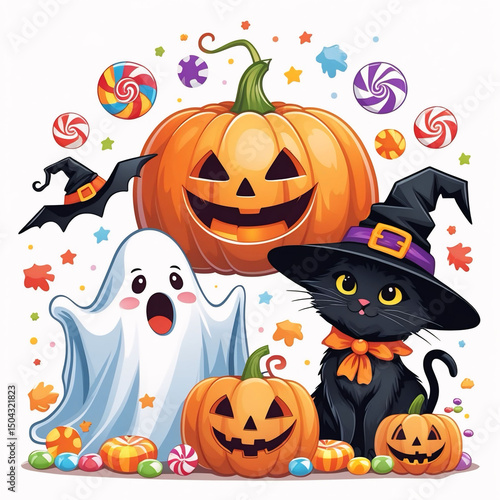 Cute Halloween Cat and Ghost with Pumpkins and Candy