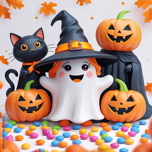 Cute Halloween Characters with Ghost, Black Cat, Pumpkins, and Candy