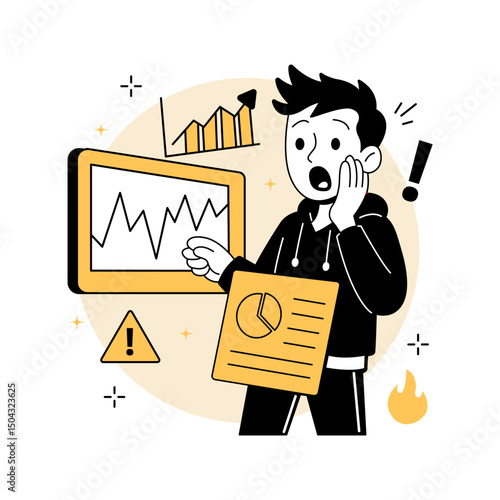a shocked man reacting to volatile stock market charts. Ideal for financial dashboards, web pages, fintech apps, and market analysis illustrations. in a modern Stock Market flat vector illustrations