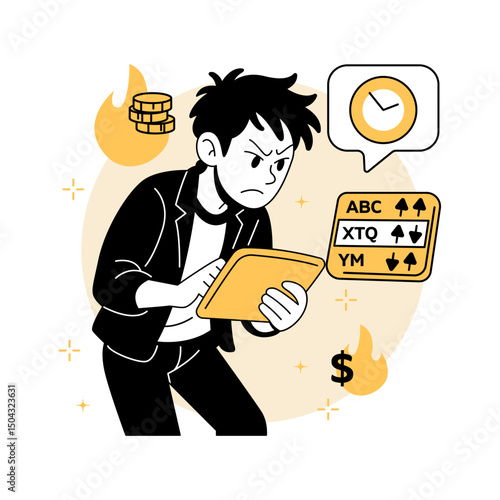 a man monitoring real-time stock data on a tablet. for trading dashboards, market apps, financial icons, and investment landing pages. in a modern Stock Market flat vector illustrations