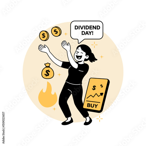 a cheerful woman celebrating dividend payout with flying coins and investment gains. Great for stock market apps, fintech websites, and financial landing pages