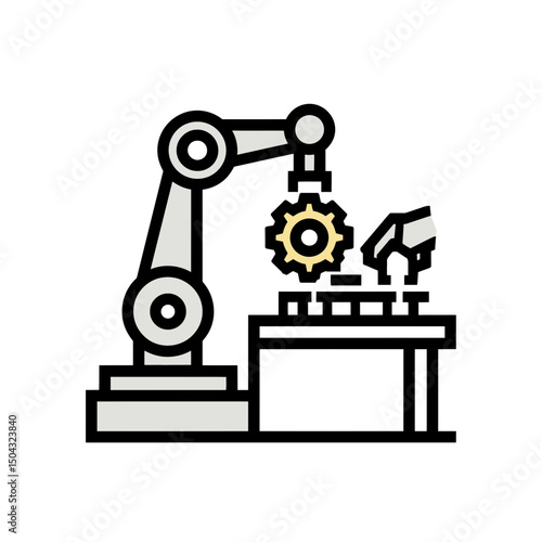 Industrial robotic arm assembles gear on workstation automated line