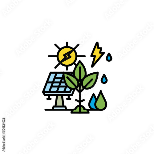 Renewable plant harnesses sunlight energy near drops illustration