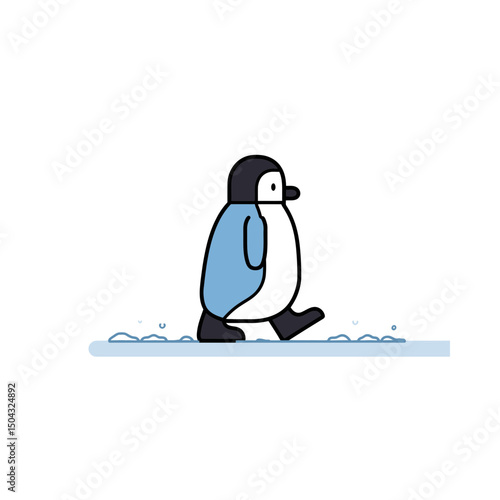 Animated penguin walks across icy arctic snow flat