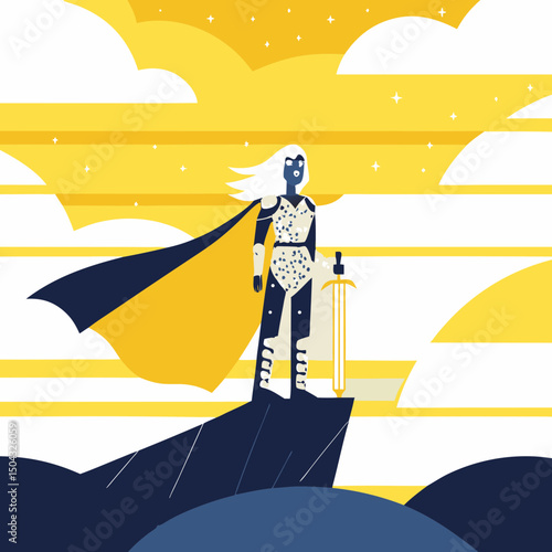 A warrior princess standing on a cliff during sunset, wearing silver armor with intricate elven engravings, flowing white hair, glowing blue eyes, and a mystical sword in hand. Epic fantasy atmosphere