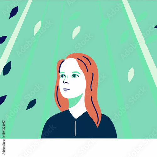 A hyper-realistic portrait of a young woman with freckled skin, green eyes, and fiery red hair, gazing into the distance. Soft sunlight filters through autumn leaves in the background, her expression 