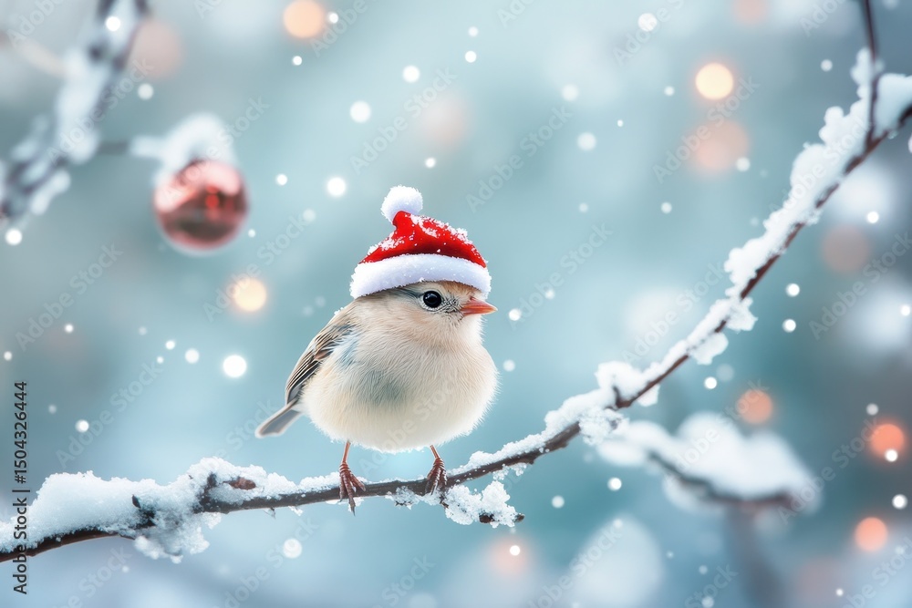 Obraz premium Cheerful Bird Decked in a Red Holiday Cap Dancing on a Snowy Tree Branch for a Festive Christmas Card