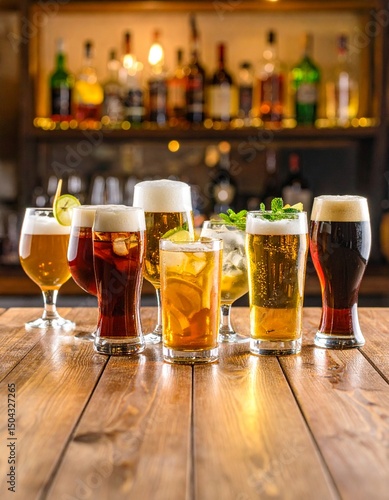 various types of alcoholic drinks served on a wooden table