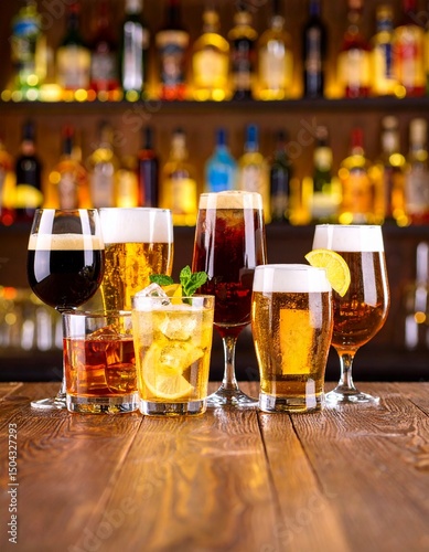 various types of alcoholic drinks served on a wooden table