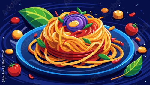 A serving of vibrant spaghetti is artistically arranged on a dark plate, garnished with fresh herbs and drizzled with olive oil, offering a delightful culinary experience 