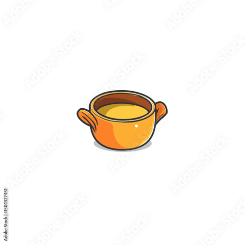 Ceramic soup bowl holds broth on simple white background design
