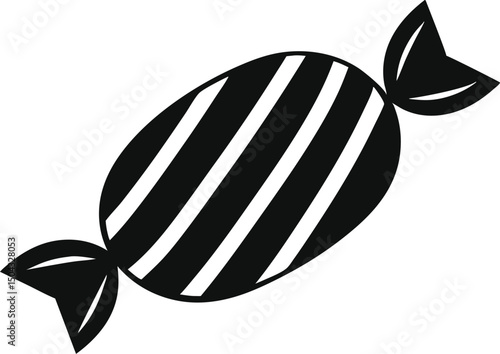 Black and white striped candy icon with wrapper knot on transparent background appears simple
