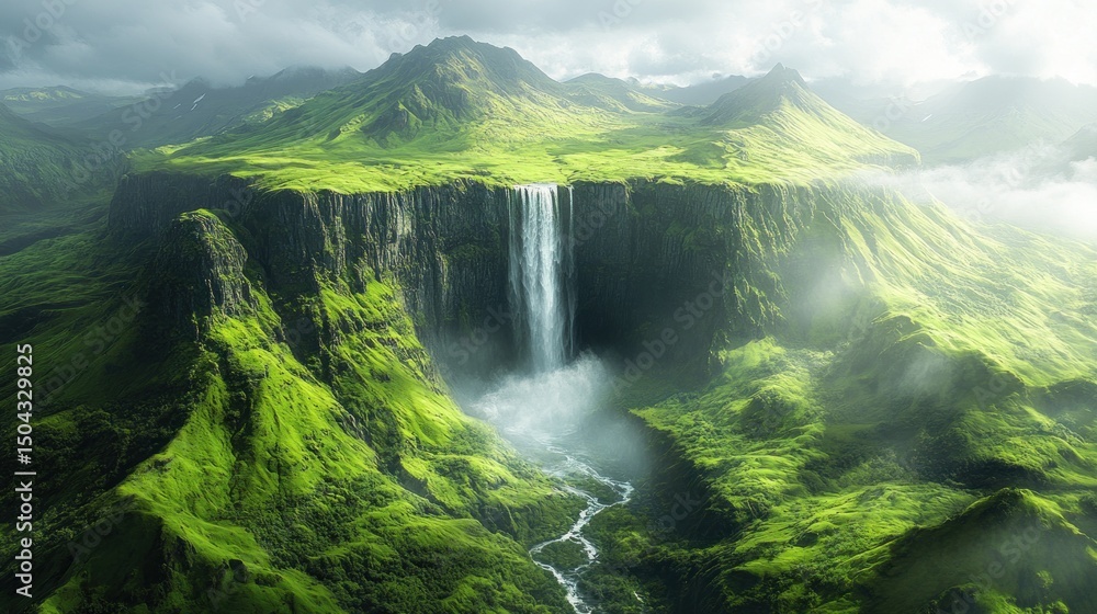 Naklejka premium Majestic waterfall cascading down verdant cliffs into a lush valley, creating a misty, ethereal scene.