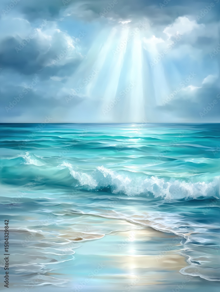 Fototapeta premium Radiant ocean waves under a bright sky with sunlight beams.