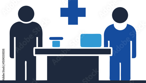 Two abstract figures stand near a desk with medical symbol floating above