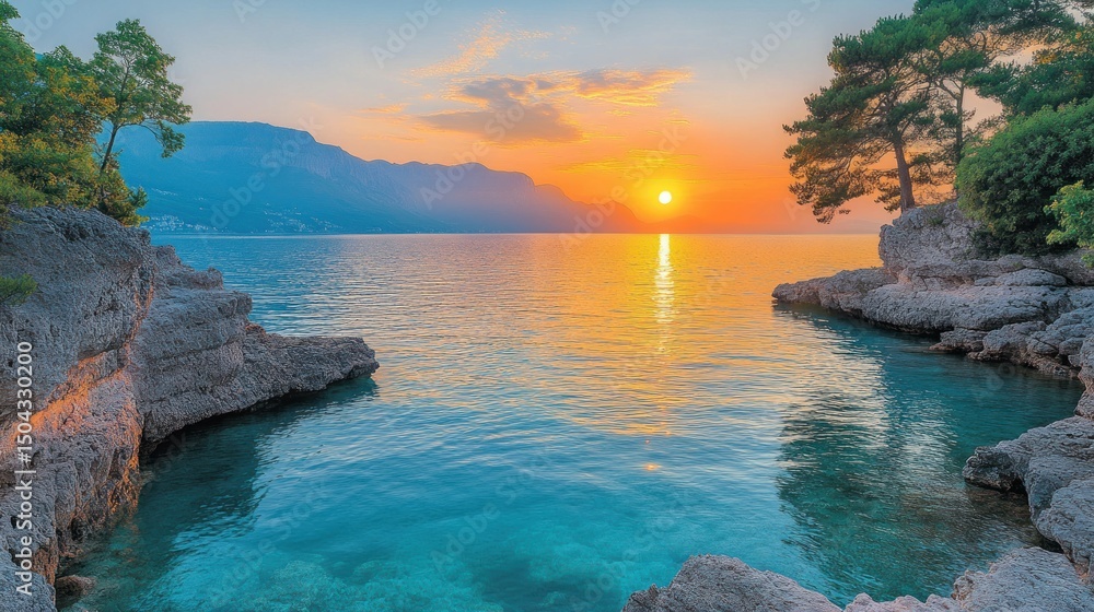 Fototapeta premium Vibrant sunset over calm turquoise sea, nestled between rocky shores.