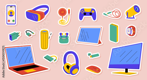 Colorful gadget stickers. Vector illustration for technology, digital devices, and electronics design