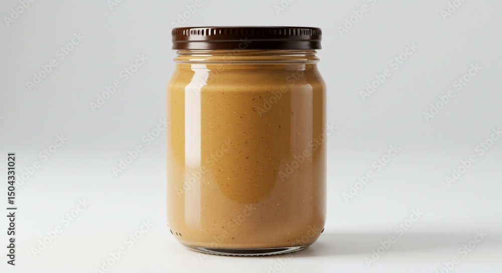 Peanut butter in glass jar, sealed with lid on plain background for advertisement Peanut butter in glass jar, sealed with lid on plain background for advertisement