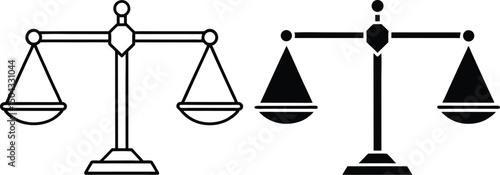 Justice balance icon in black and white shows law and equity with transparent background