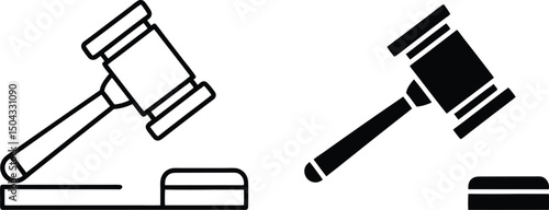 Isolated gavels showcase judicial outline style, highlighting courtroom tools with transparent backdrop