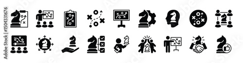Strategy for successful business achievement icon vector set. Contains management, action plan, creativity, planning, discussion, cooperation, solution, steps, goal and good work learning idea