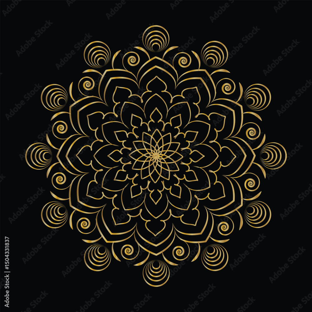 Elegant Golden Mandala Design on Black Background Detailed Geometric Floral Pattern Illustration Elegant Golden Mandala Design on Black Background Detailed Geometric Floral Pattern Illustration