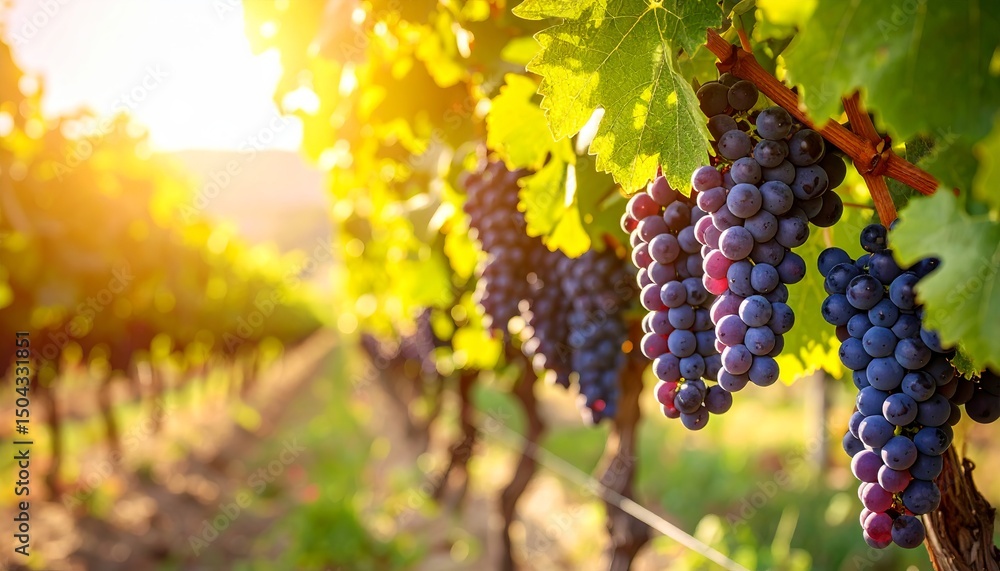 Fototapeta premium Vineyard with Ripe Purple Grapes in Morning Sunlight