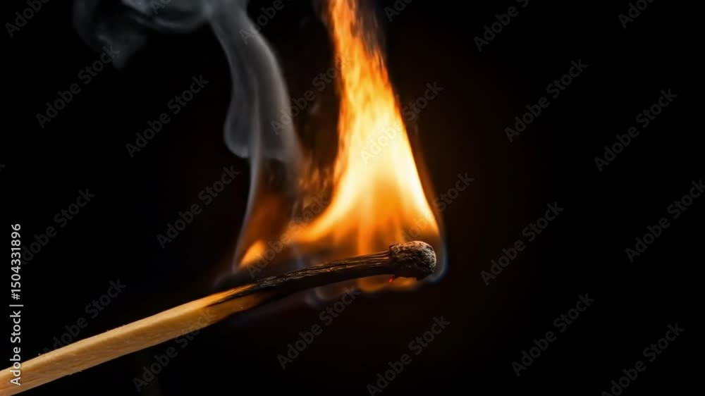 Burning matchstick with flame and smoke against a dark background Burning matchstick with flame and smoke against a dark background