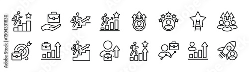 Career growth thin line icon set. Contains grow, work, job, performance, gain, improvement chart, increase, development, target achievement success, promoting, climb, graph, progress. Vector EPS 10