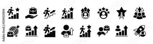 Career growth icon set. Contains grow, work, job, performance, gain, improvement chart, increase, development, target achievement success, promoting, climb, graph, progress. Vector illustration