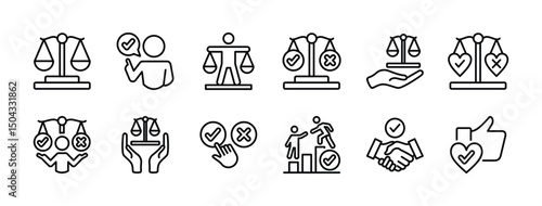 Legal ethics scale of justice icon set. Contains law, truth, honesty, integrity, sincerity, morality, agreement handshake, court, judgement, judgment, balance. Vector illustration