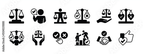 Legal ethics scale of justice icon vector set. Contains law, truth, honesty, integrity, sincerity, morality, agreement handshake, court, judgement, judgment, balance. Illustration