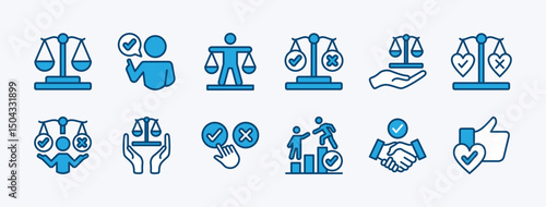 Set of legal ethics scale of justice icon. Contains law, truth, honesty, integrity, sincerity, morality, agreement handshake, court, judgement, judgment, balance. Vector illustration