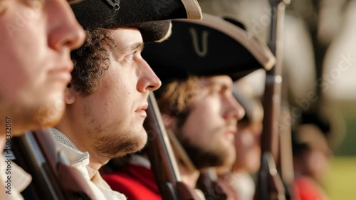 Authentic Revolutionary War Reenactors in Historical Uniforms at Heritage Park in Golden Light
