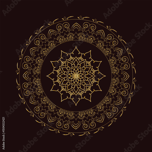 Ornate Golden Mandala with Floral and Swirl Details on a Dark Brown Background