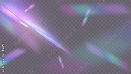 Rainbow light rays, lens flare, reflection effect from crystal, glass or gem. Vector realistic illustration set of light leak effect with spectrum glare, prism refraction, lens flare	
