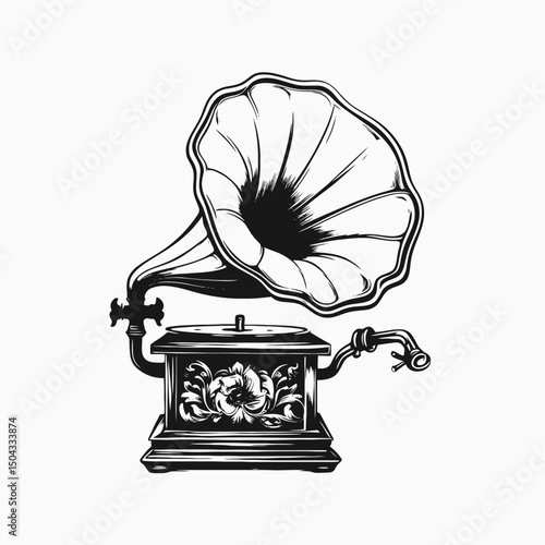 Elegant antique gramophone vector art illustration in black silhouette