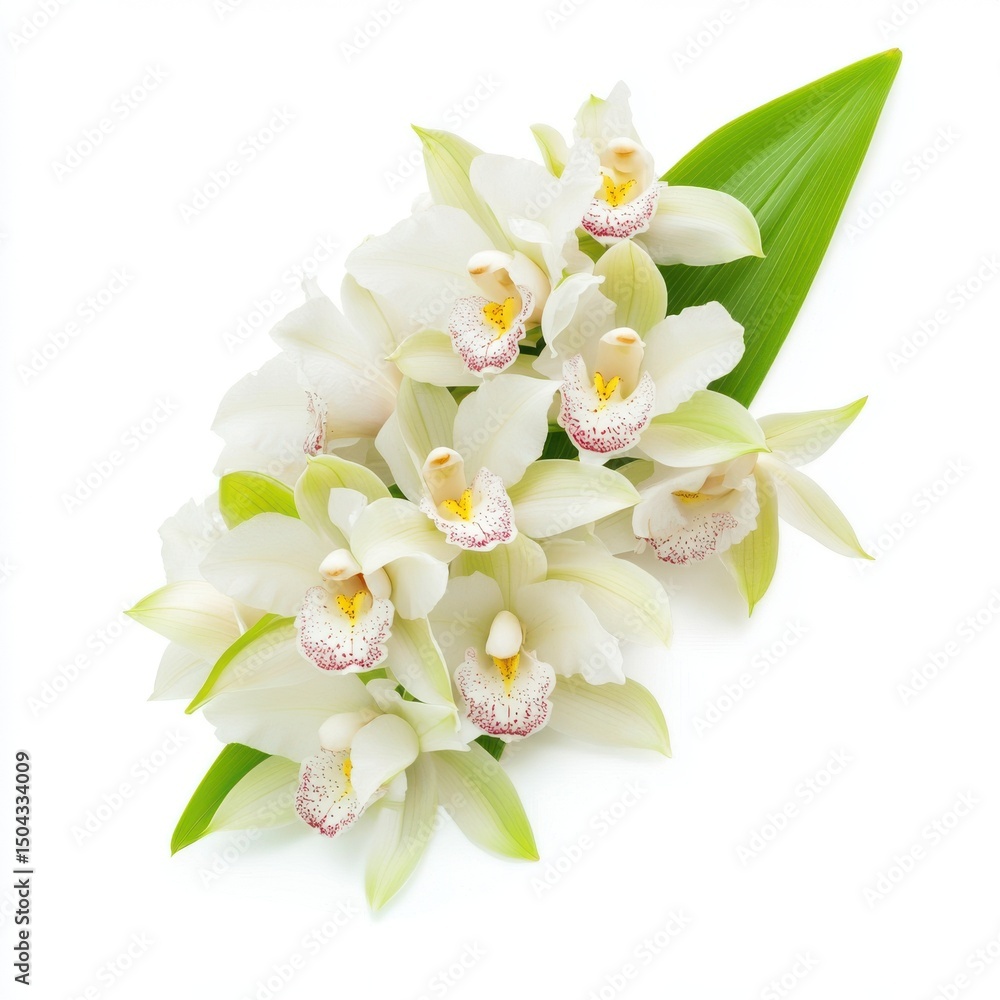 Obraz premium Minimalistic orchid flower on pure white background, elegant botanical beauty in bright, natural light for floral product photography.