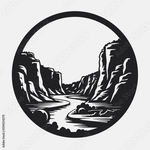 Dramatic canyon and flowing river landscape encapsulated within round silhouette