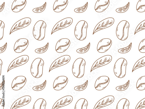 Hand-drawn vector illustration featuring coffee beans and coffee leaves in a clean black and white line art style. This minimalist doodle design is perfect for coffee packaging, café branding