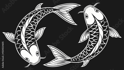 Two Mirrored Koi Silhouettes Forming Circle – Japanese Tattoo Style with Tapered Line on Ink Black Background