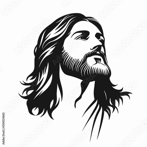 Jesus Christ artistic portrait on white backdrop, simple silhouette