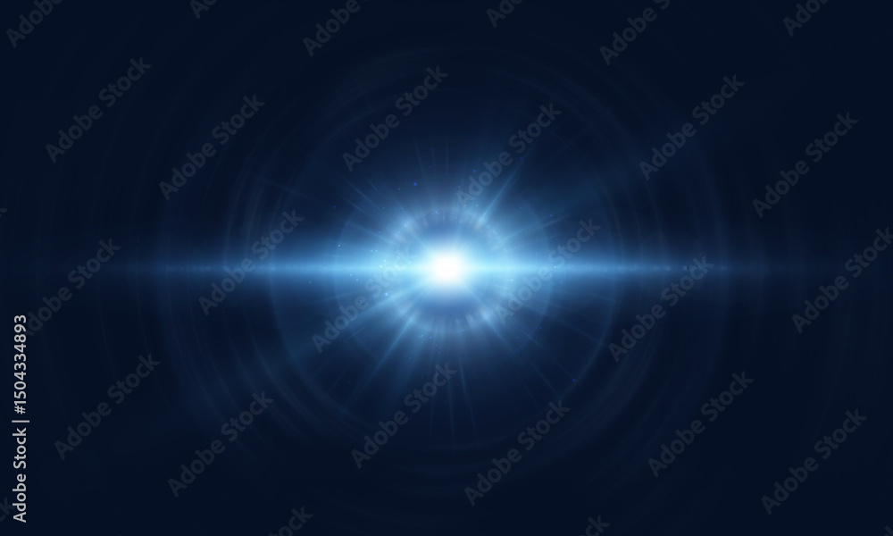 Obraz premium Bright radial explosion of light with blue glow and subtle lens flares on a dark background. Abstract lighting effect for sci-fi designs, space and game interfaces