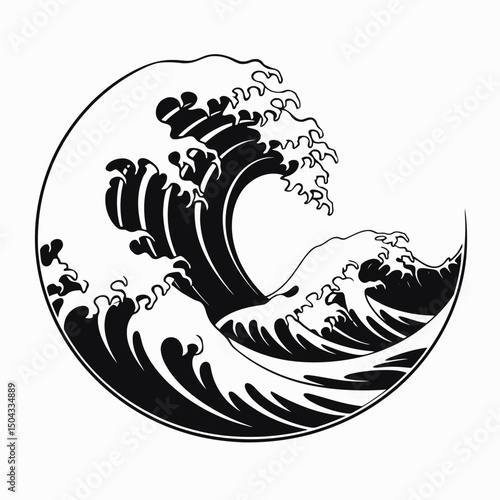 Dynamic monochromatic ocean waves cresting inside a perfect circle silhouette