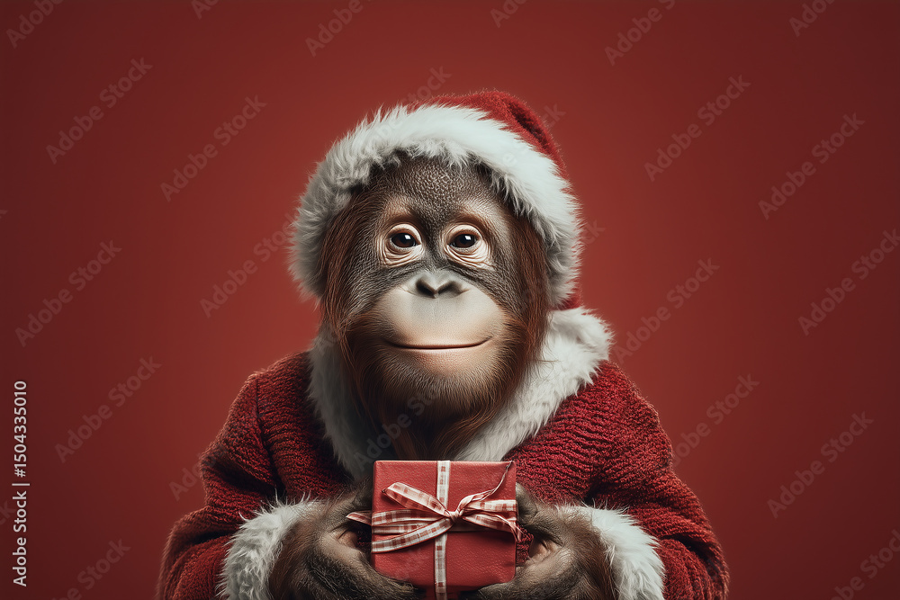 joyful orangutan in santa suit holding a red holiday gift against a festive red background with a warm smile joyful orangutan in santa suit holding a red holiday gift against a festive red background with a warm smile