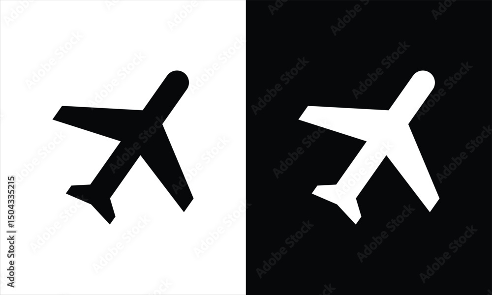 Fototapeta premium Minimalist black and white airplane icons in contrasting halves. Perfect for travel, aviation, flight booking, and transportation-related creative design projects.
