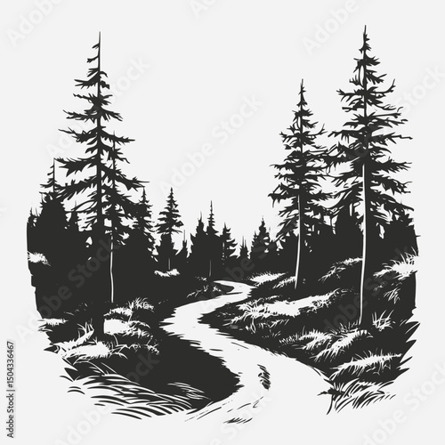 Forest trees landscape nature scenery pathway woodland monochrome grayscale black white scenic artwork drawing silhouette