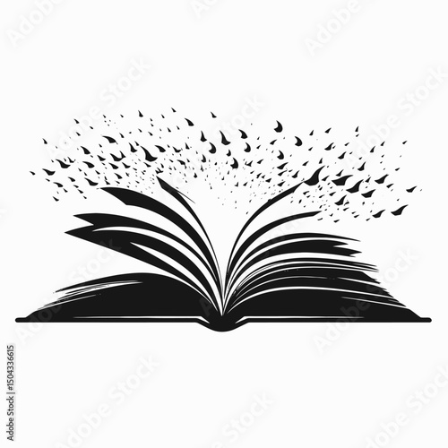 Book reading education knowledge learning study literature pages open fly black and white illustration silhouette