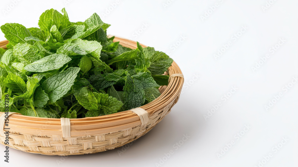 Fresh mint leaves in bamboo basket create vibrant and natural display, perfect for culinary use or decoration Fresh mint leaves in bamboo basket create vibrant and natural display, perfect for culinary use or decoration